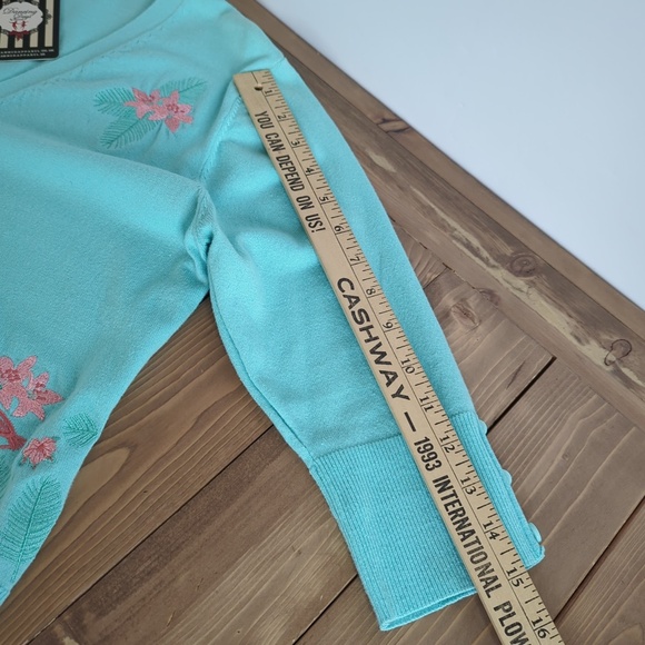 Banned Apparel Retro Rockabilly Teal Cardigan Sweater with Pink Flamingos - Picture 9 of 12